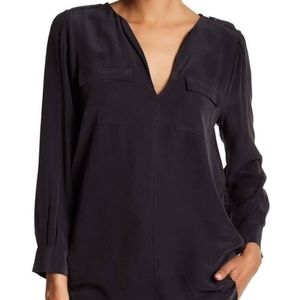 Joie Marlo Silk Split V-neck Pocket Blouse Long Sleeve Black Size S
